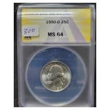 1950-D WASHINGTON SILVER QUARTER - ANACS:MS64 1950-D WASHINGTON SILVER QUARTER - ANACS:MS64