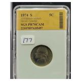 1974-S JEFFERSON NICKEL - SGS: PR70CAM 1974-S JEFFERSON NICKEL - SGS: PR70CAM