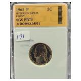1963-P JEFFERSON NICKEL - SGS GRADED: PR70 1963-P JEFFERSON NICKEL - SGS GRADED: PR70