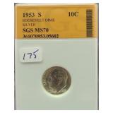 1953-S SILVER ROOSEVELT DIME - SGS: MS70 1953-S SILVER ROOSEVELT DIME - SGS: MS70