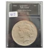 1934-S PEACE SILVER DOLLAR - CERTIFIED VERY GOOD - 1934-S PEACE SILVER DOLLAR - CERTIFIED VERY GOOD -