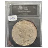 1923-S PEACE SILVER DOLLAR - CERTIFIED VERY GOOD - 1923-S PEACE SILVER DOLLAR - CERTIFIED VERY GOOD -