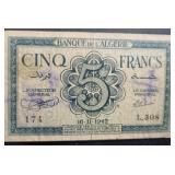 1942 WWII ALGERIA 5 FRANC NOTE 1942 WWII ALGERIA 5 FRANC NOTE
