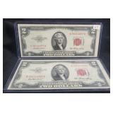 (2) 1953 $2 RED SEAL CONSECUTIVE SERIAL NUMBER (2) 1953 $2 RED SEAL CONSECUTIVE SERIAL NUMBER