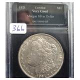 1921 MORGAN SILVER DOLLAR - CERTIFIED VERY GOOD 1921 MORGAN SILVER DOLLAR - CERTIFIED VERY GOOD