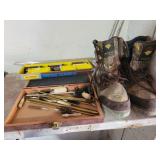 GUN CLEANING EQUIPMENT, BOOTS, CAULK GUN,