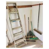 6 FT. ALUMINUM STEP LADDER, 4 BROOMS AND