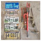 LICENSE PLATES, SAW, PLANE, STEERING WHEEL