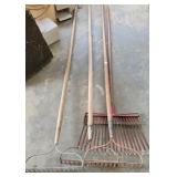 3 ROCK RAKES AND 1 LEAF RAKE