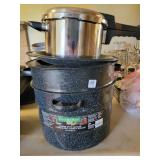 2 GRANITEWARE CANNERS AND A PRESSURE COOKER 2 GRANITEWARE CANNERS AND A PRESSURE COOKER