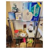 GLASS AND CHROME SHELVE W/3 CLOTHES IRONS, GLASS AND CHROME SHELVE W/3 CLOTHES IRONS,