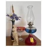 OIL LAMP, AND ASSORTED GLASSWARE
