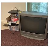 SANYO TV, SONY DVD PLAYER, AND DVDS