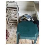 STOOL AND ASSORTED BRASS FIGURINES