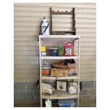 PLASTIC SHELF WITH ASSORTED TOOLS, JARS, NAILS