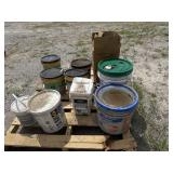 ASSORTED BUCKETS OF QUICKRETE AND MORE