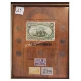 7 FRAMED V NICKELS AND STAMPS
