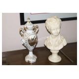 PORCELAIN URN AND PLASTER BUST STATUE