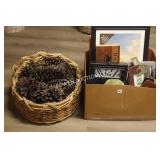 BOX OF PICTURE FRAMES AND CLOCK & BASKET