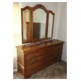 OAK DOUBLE DRESSER WITH TRIFOLD MIRROR