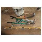 PAIL WITH LOPPERS, LEVEL, HEDGE CLIPPERS ETC