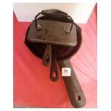 5 CAST IRON SKILLETS AND BACON PRESS