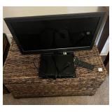 24" TV, L.G DVD PLAYER, WOODEN STORAGE BOX