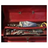 RED TOOL BOX WITH ASSORTED HAND TOOLS