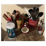 KITCHEN UTENSILS, OIL & VINEGAR BOTTLES, ETC.