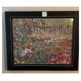 WOOD AND METAL SIDE TABLE W/2 LAMPS AND 2 PRINTS