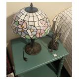 GREEN SIDE TABLE W/2 STAINED GLASS TYPE LAMPS