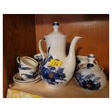 CERAMIC TEA SET: TEA POT, SUGAR, CREAMER AND CERAMIC TEA SET: TEA POT, SUGAR, CREAMER AND