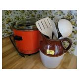 CROCK PITCHER W/UTENSILS AND CROCK POT CROCK PITCHER W/UTENSILS AND CROCK POT