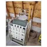 3 LAWN CHAIRS, ALUMINUM WALKER, POTTY SEAT, 3 LAWN CHAIRS, ALUMINUM WALKER, POTTY SEAT,