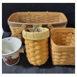 3 LONGABERGER BASKETS AND A CERAMIC MORTAR & 3 LONGABERGER BASKETS AND A CERAMIC MORTAR &