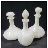 3 MILK GLASS DECANTERS AND 4 PCS CRACKLE GLASS 3 MILK GLASS DECANTERS AND 4 PCS CRACKLE GLASS