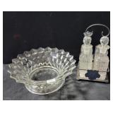 4 PIECE TABLE CRUET SET AND FOSTORIA AMERICAN BOWL 4 PIECE TABLE CRUET SET AND FOSTORIA AMERICAN BOWL