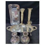 SILVER PLATE: CANDLESTICKS AND SERVING TRAY SILVER PLATE: CANDLESTICKS AND SERVING TRAY