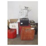 AVIATION OIL, BATTERIES, 2 GAS CANS