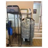 2 LUGGAGE RACKS, LUGGAGE, & ASSORTED CLOTHES