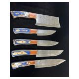 5 PC DAMASCUS STEEL KNIVES W/ DECORATIVE HANDLES