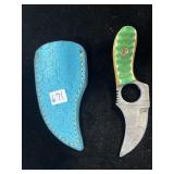 6" DAMASCUS STEEL BLADE, FINGER HOLE GRIP, SHEATH