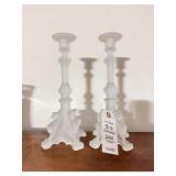 PAIR OF SATIN GLASS CANDLE STICKS W/ BIRD MOFFET
