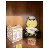 3PC - CERAMIC HOUSE, TEAKWOOD CARVED MUSIC BOX