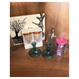 BOX OF ASSORTED TUMBLERS, CANDLESTICKS, ETC.