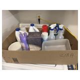 BOX OF CLEANING SUPPLIES: CASCADE, BLEACH AND MORE