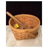 BASKET W/ WOODEN MALLET & 8 ROLLS OF PENNIES