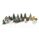 14 MINIATURE TREE ORNAMENTS AND VILLAGE TREES -