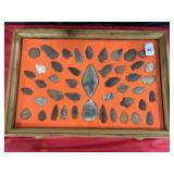 OAK DISPLAY OF 45 ARROWHEADS, POINTS, TOOLS, ETC.