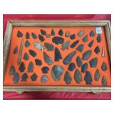 OAK DISPLAY W/ 50 ASSTD POINTS, ARROWS, TOOLS ETC.